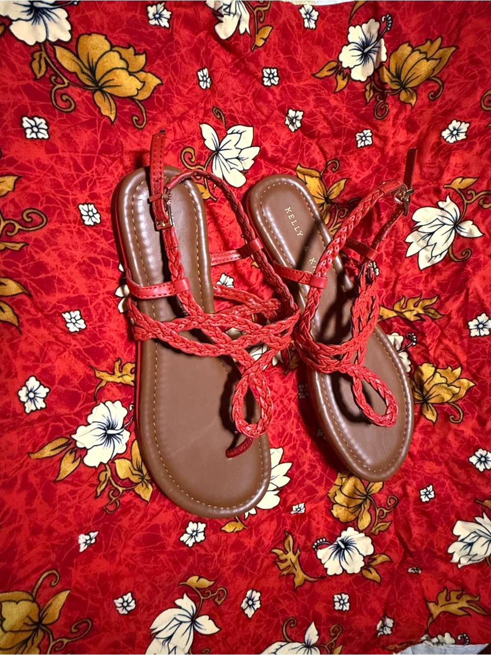 Kelly & Katie Red Braided T-Strap Sandals